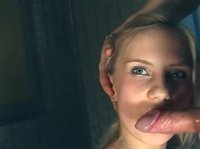 A teen blonde with really nice hooters doesn't mind sucking